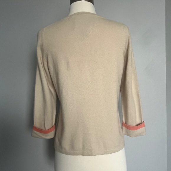 Coach Cashmere Leather Trim Buttoned Turnlock Tan Coral Career Cardigan‎ Sweater - Picture 4 of 12